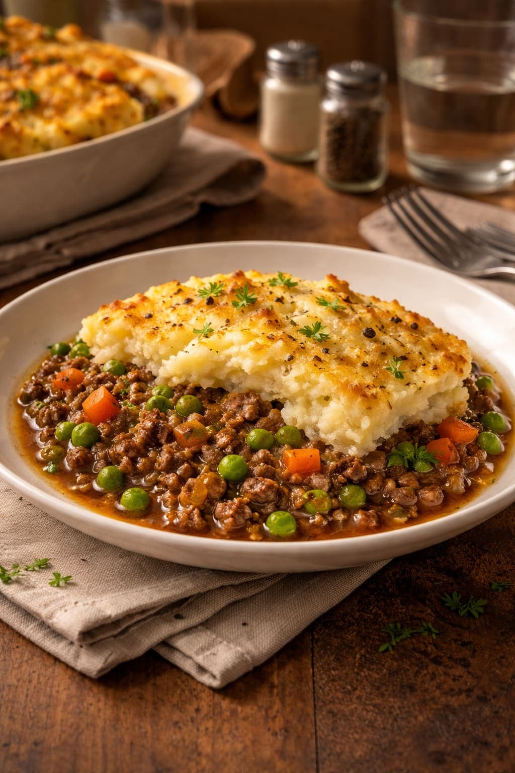 Cottage Pie with Peas plated and ready to serve.