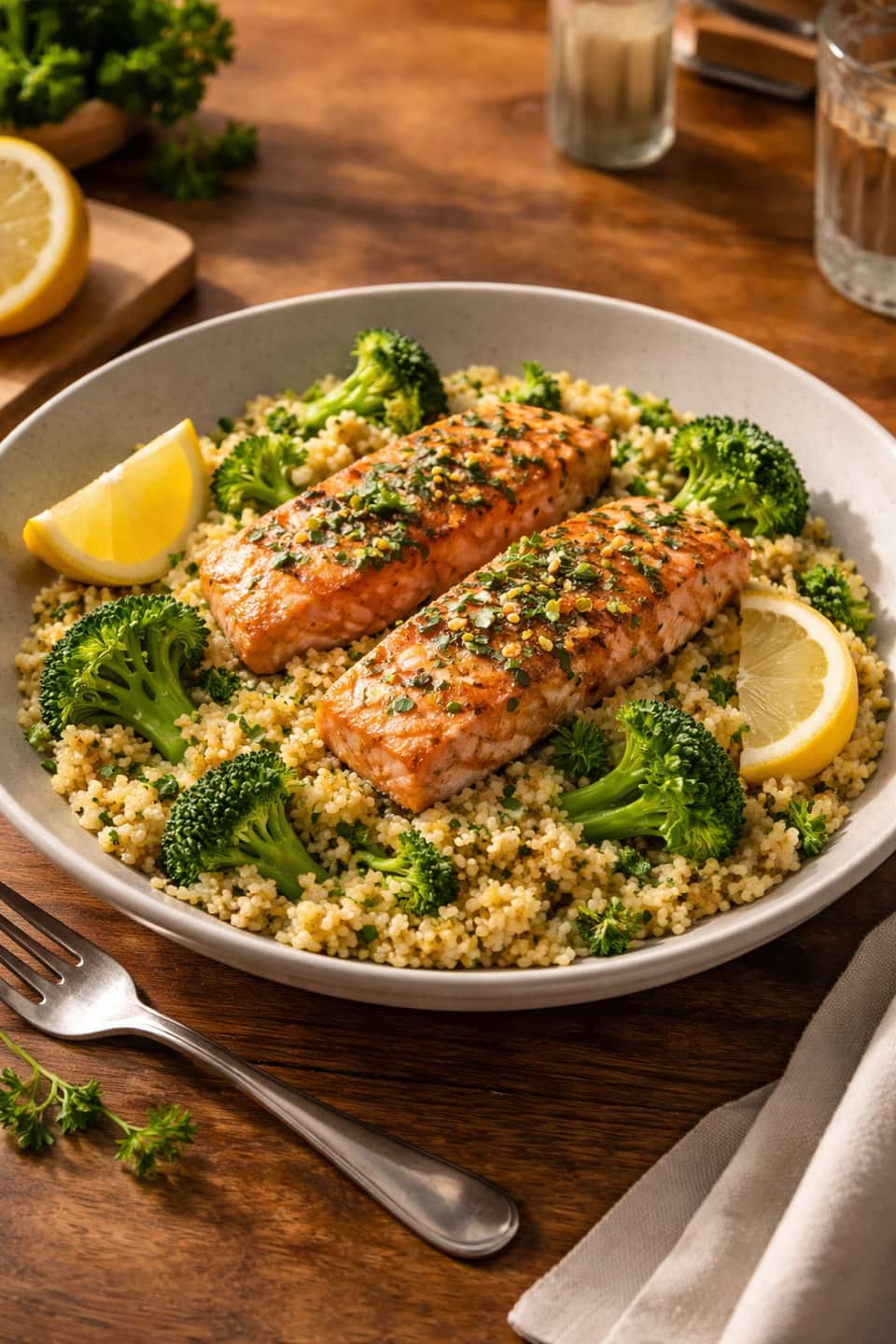 Lemon Herb Salmon Couscous plated and ready to serve.