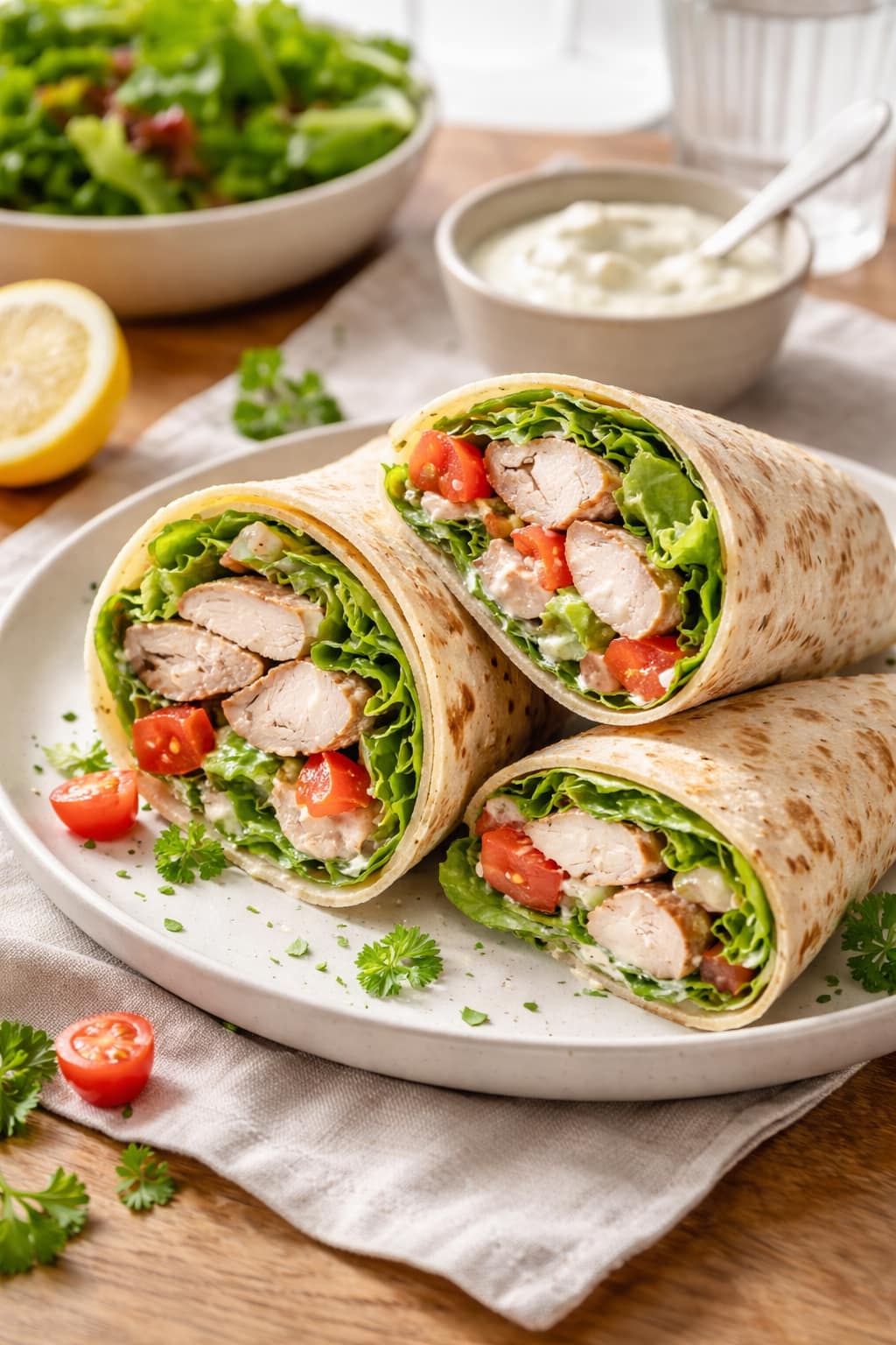 Roast Chicken Salad Wraps plated and ready to serve.