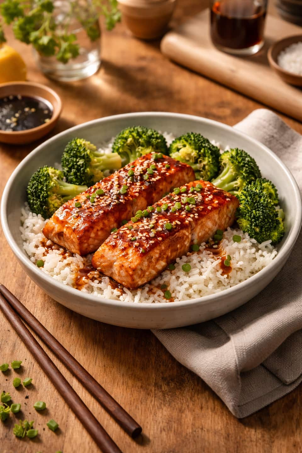 Salmon Teriyaki Rice Bowls plated and ready to serve.