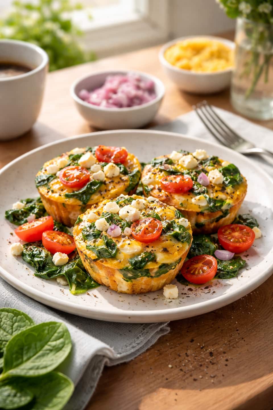 Spinach and Feta Egg Muffins plated and ready to serve.