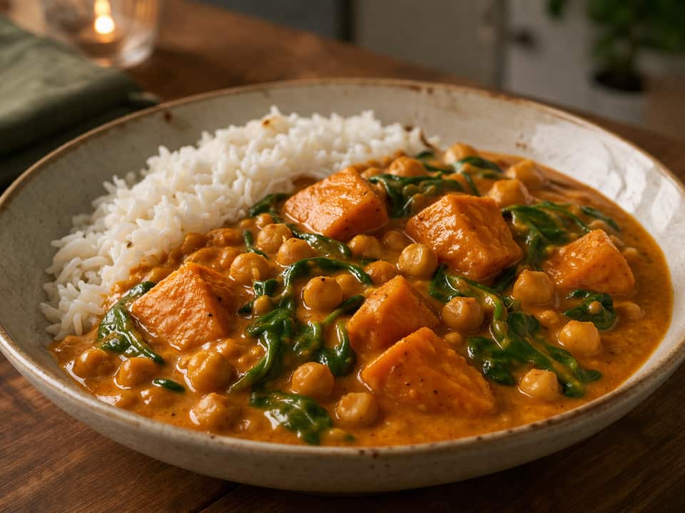 Sweet Potato Chickpea Curry plated and ready to serve.