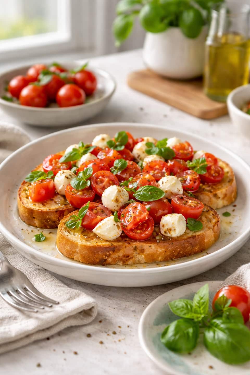 Tomato Mozzarella Bruschetta Lunch plated and ready to serve.