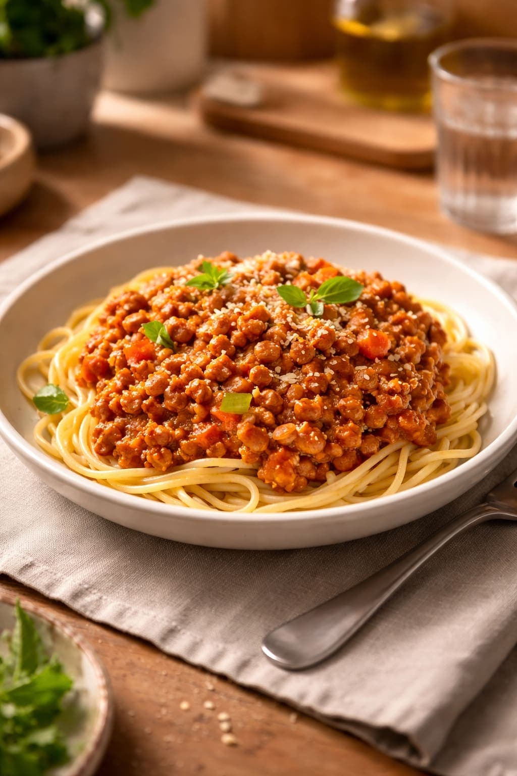 Turkey Lentil Bolognese plated and ready to serve.