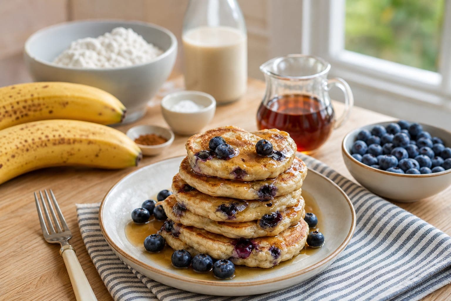 Banana Berry Oat Pancakes plated and ready to serve.