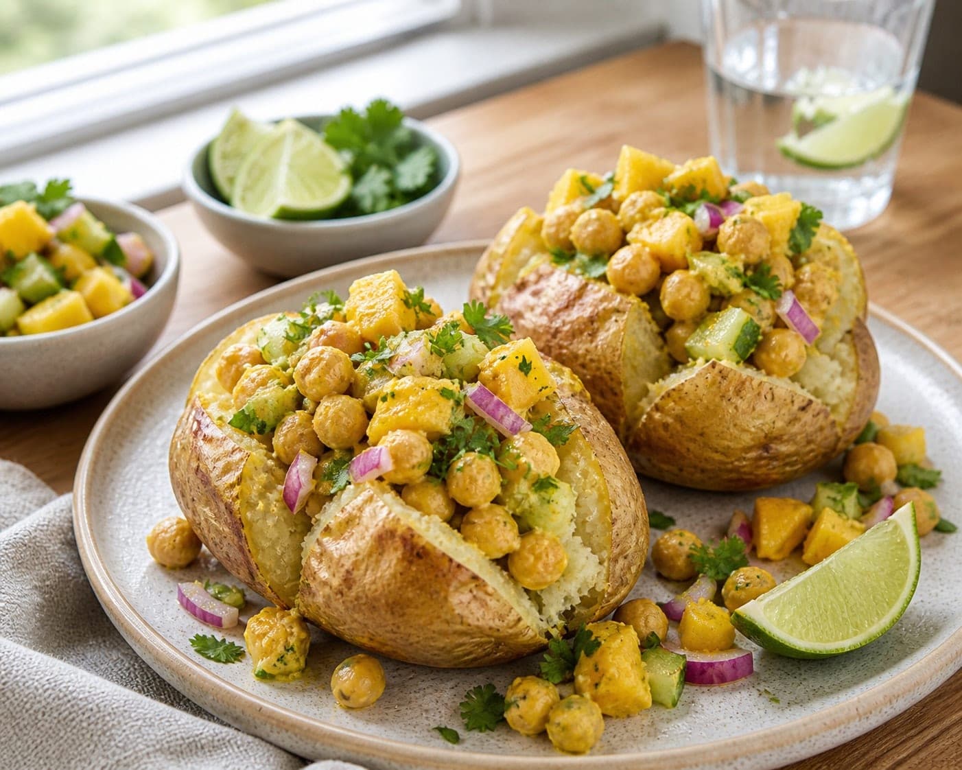 Coronation Chickpea Jacket Potatoes plated and ready to serve.