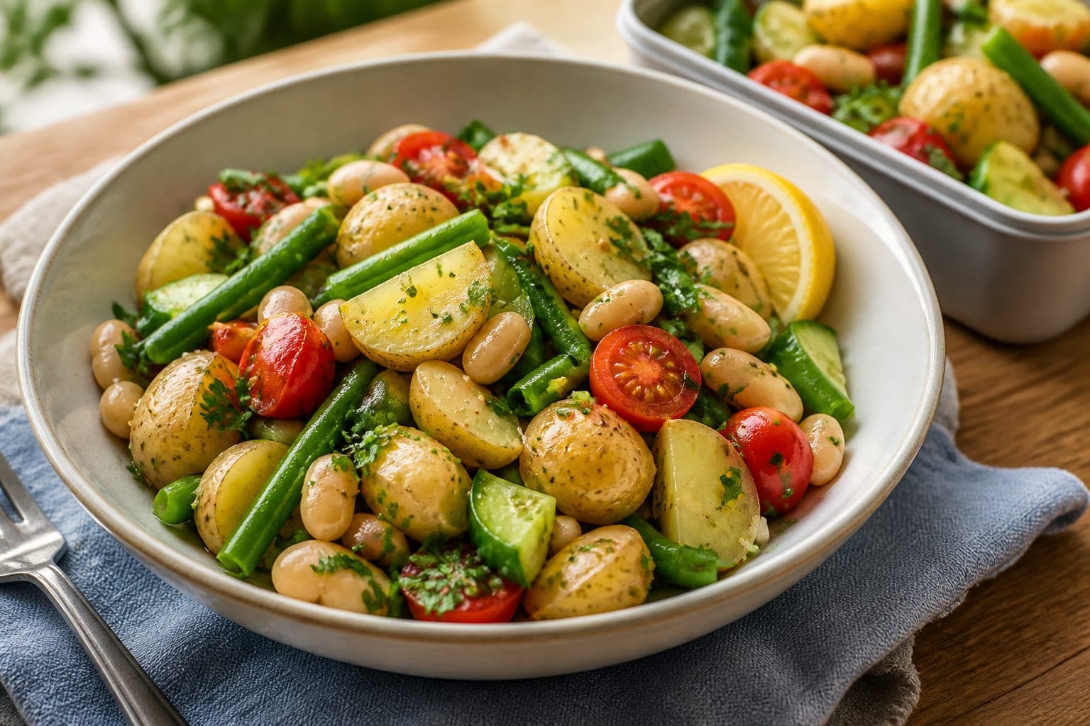Herby Butter Bean Potato Salad plated and ready to serve.