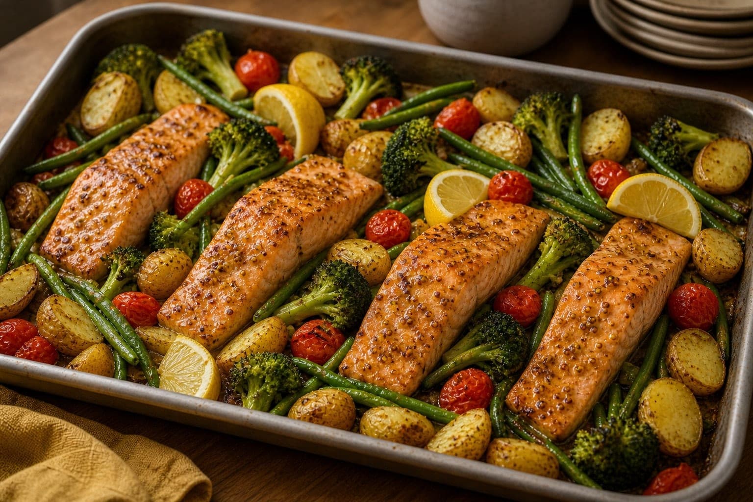 Honey Mustard Salmon Potato Traybake plated and ready to serve.