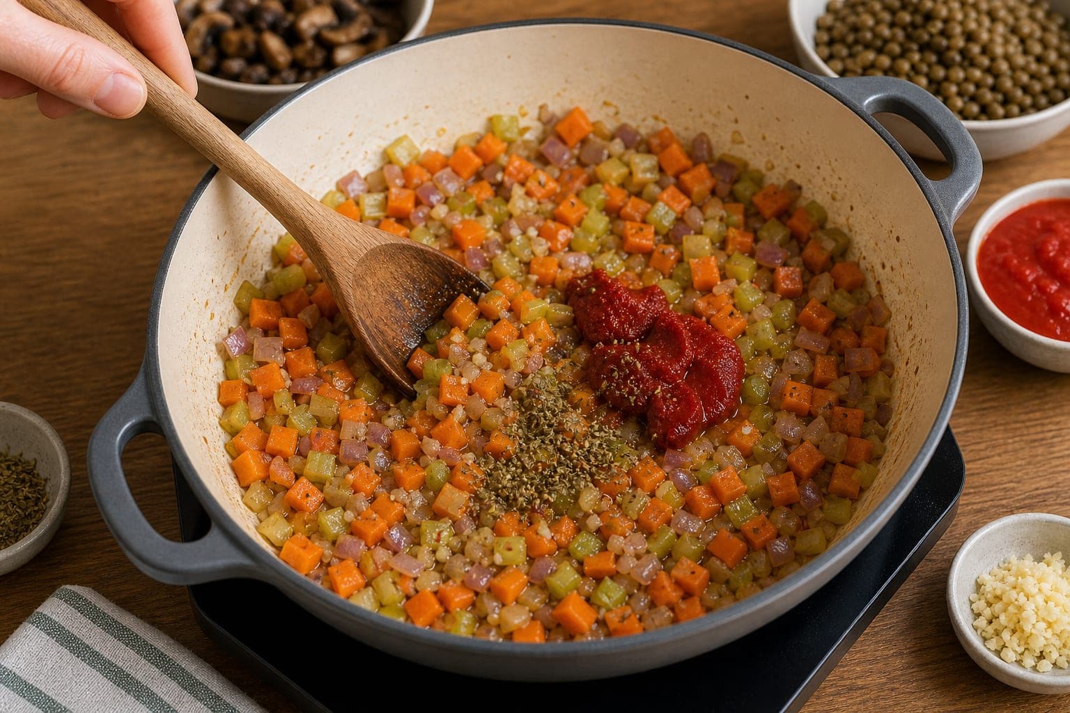 Mushroom Lentil Ragu Rice Bowls cooking step 3: Soften the vegetables.