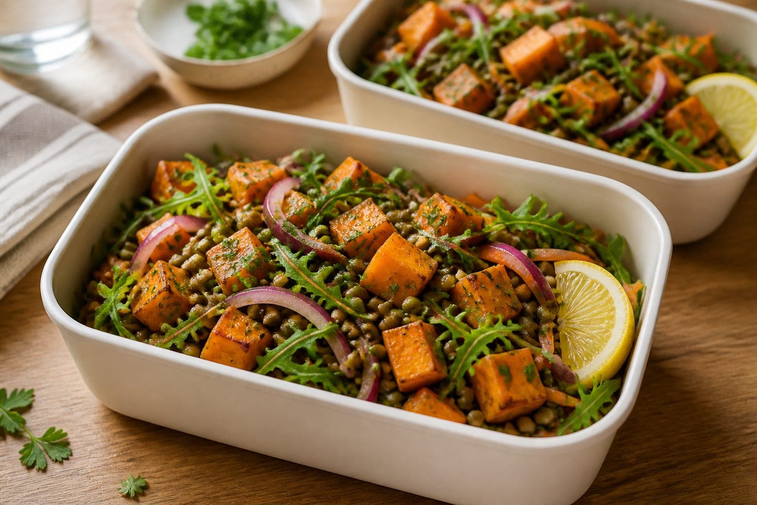 Sweet Potato Lentil Salad Boxes plated and ready to serve.