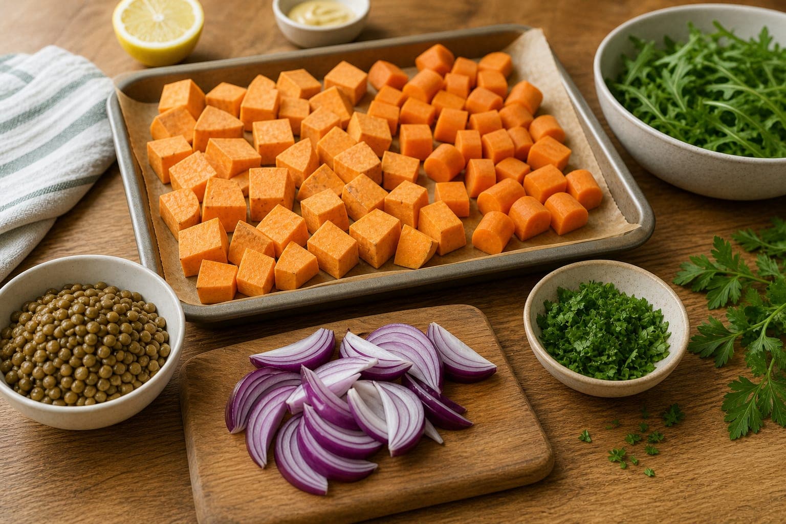 Sweet Potato Lentil Salad Boxes cooking step 1: Prepare the vegetables.
