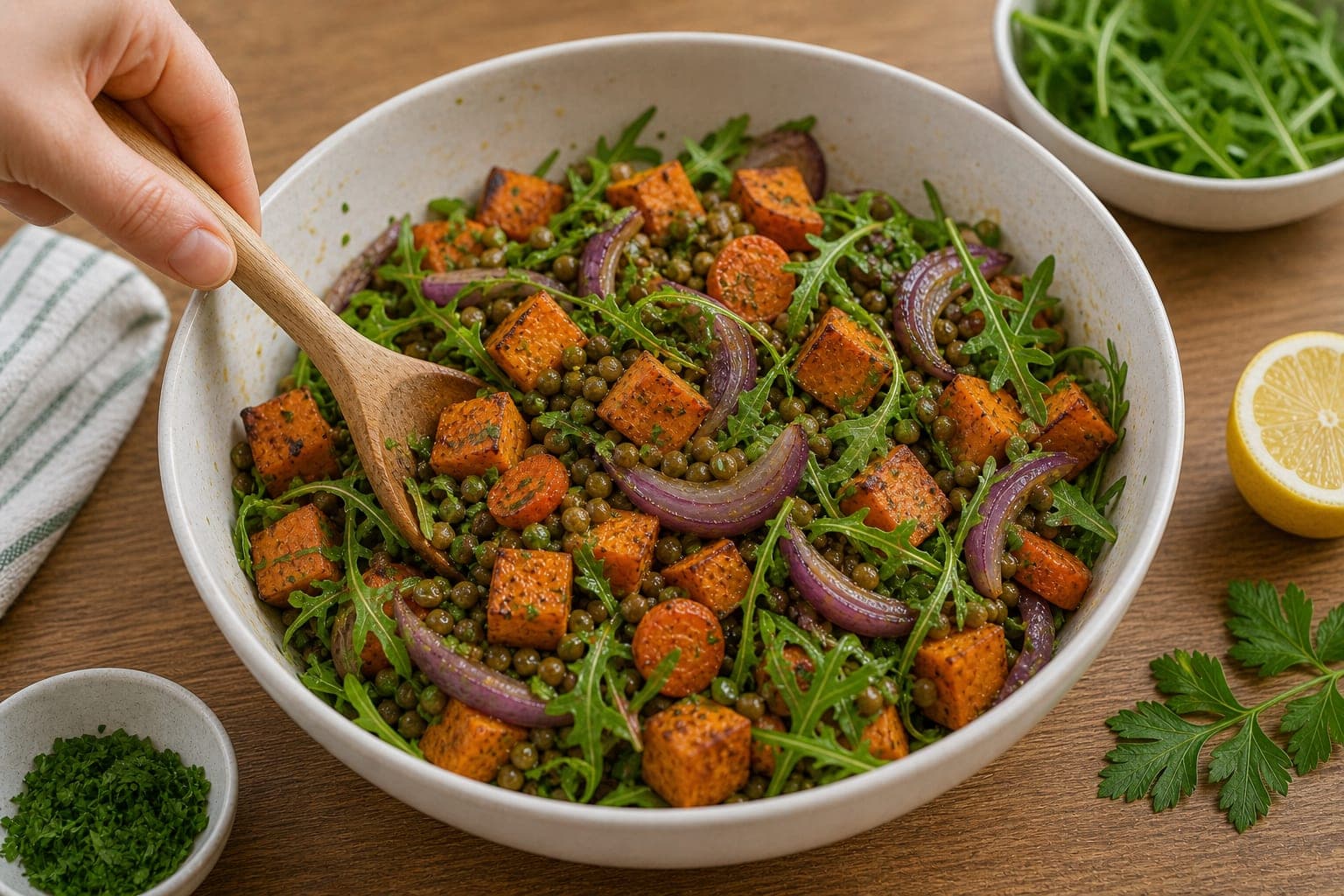 Sweet Potato Lentil Salad Boxes cooking step 5: Combine gently.