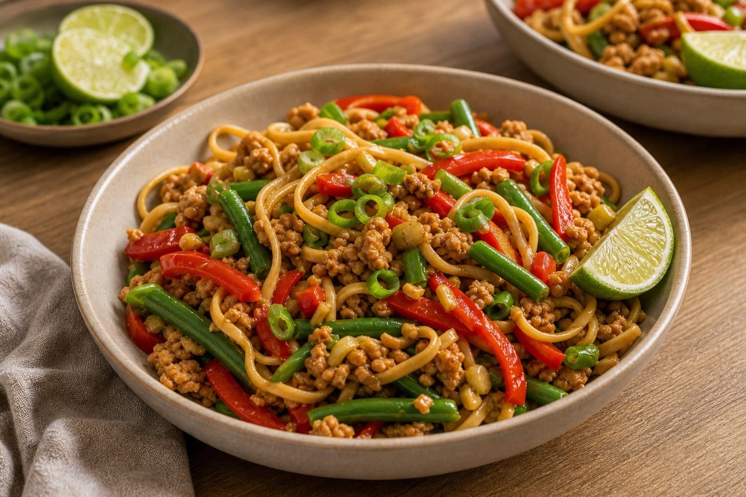 Turkey Pepper Egg Noodle Stir-Fry plated and ready to serve.