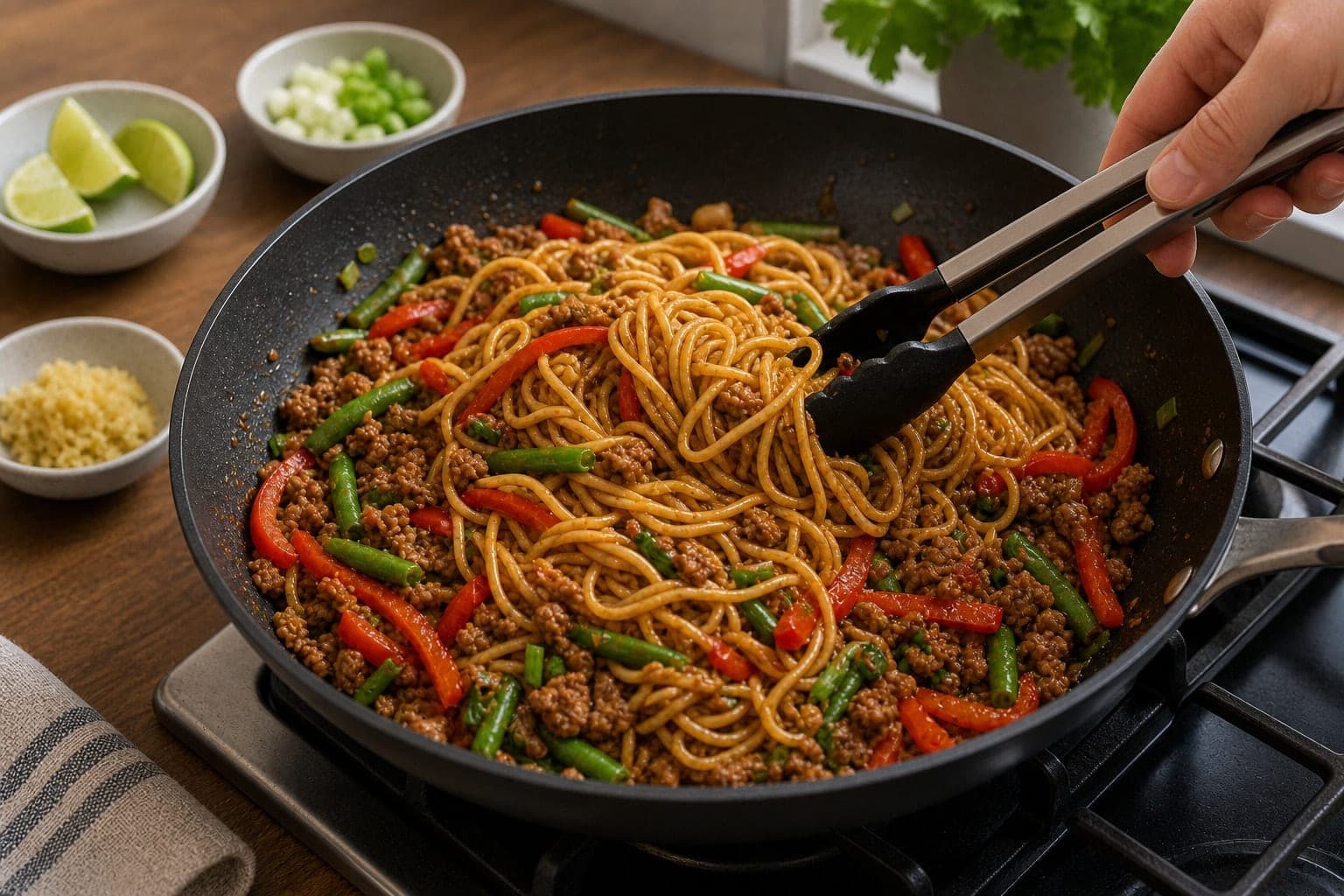 Turkey Pepper Egg Noodle Stir-Fry cooking step 5: Toss with noodles.