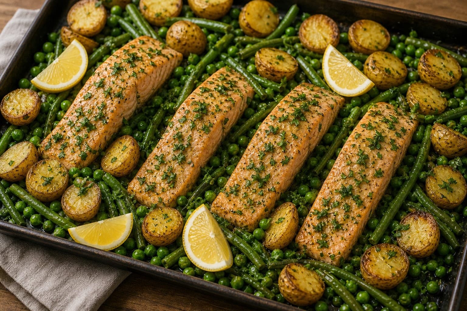 Lemon Salmon Potato Traybake with Peas and Parsley cooking step 7: Finish and serve.