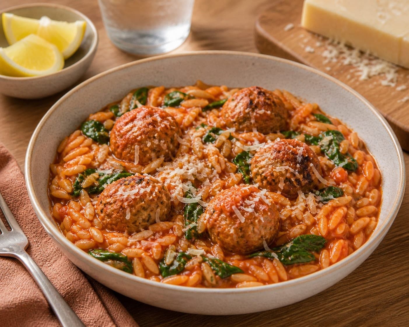 Turkey Tomato Orzo Meatballs plated and ready to serve.