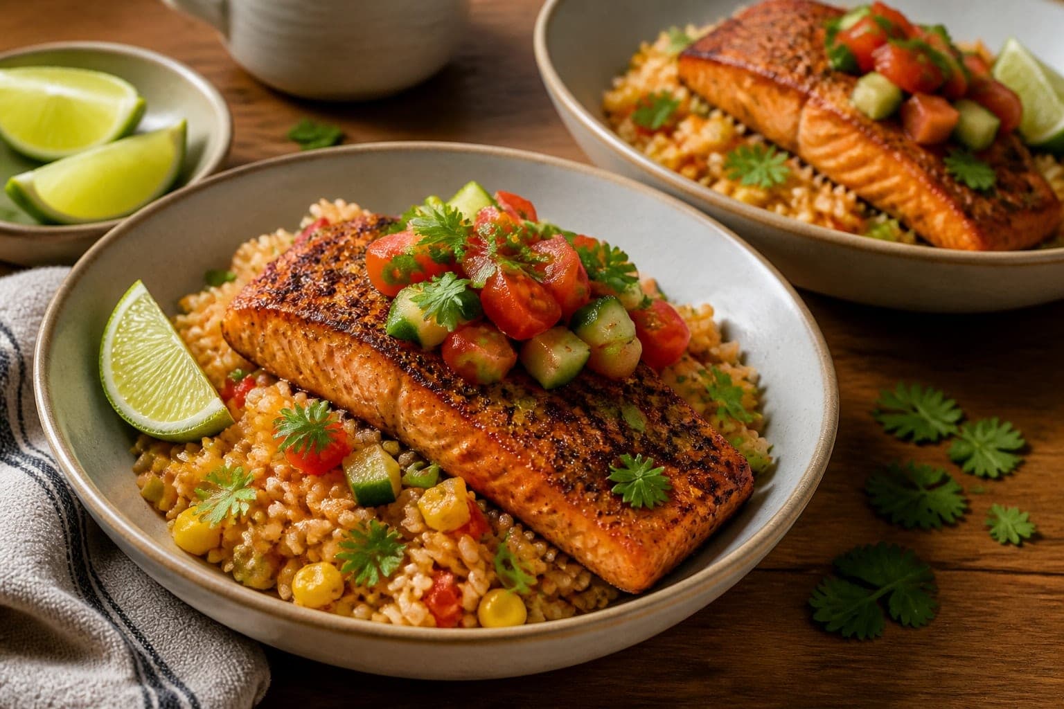 Cajun Salmon Sweetcorn Rice with Tomato Salsa plated and ready to serve.