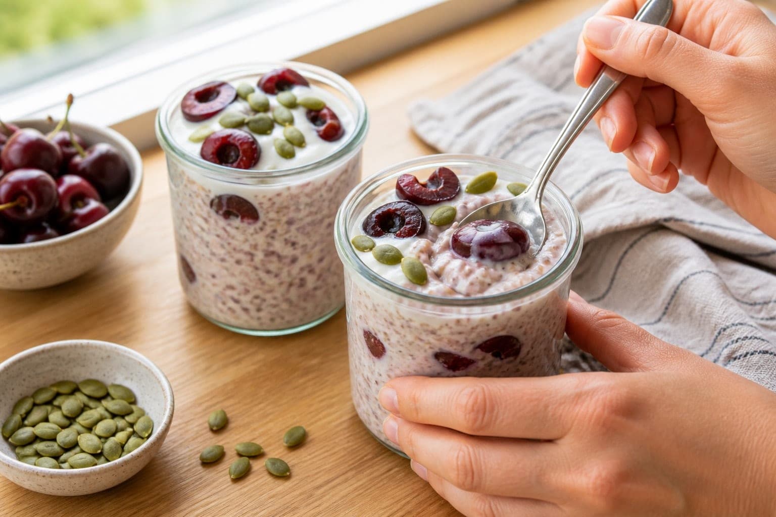 Cherry Coconut Overnight Oat Pots with Pumpkin Seeds cooking step 4: Chill and finish.