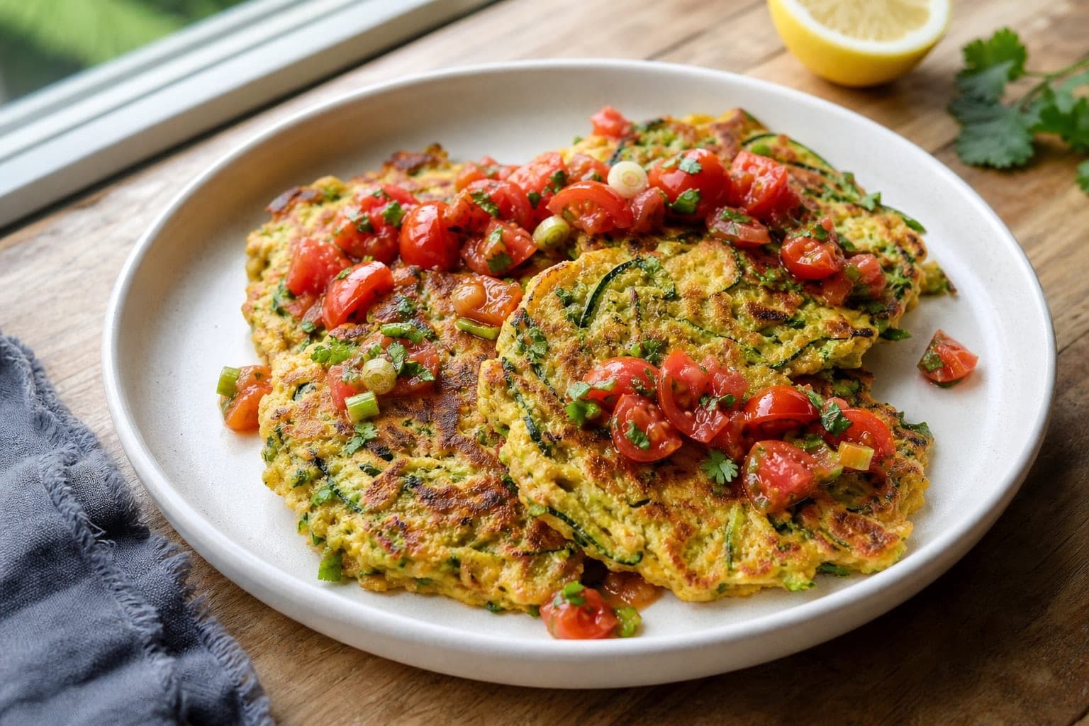 Golden Chickpea Courgette Breakfast Pancakes with Tomato Relish plated and ready to serve.