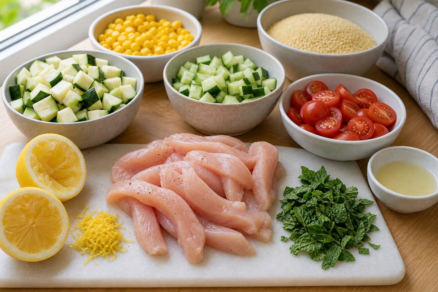 Lemon Chicken Courgette Couscous Boxes with Mint cooking step 1: Prepare the lunch-box ingredients.