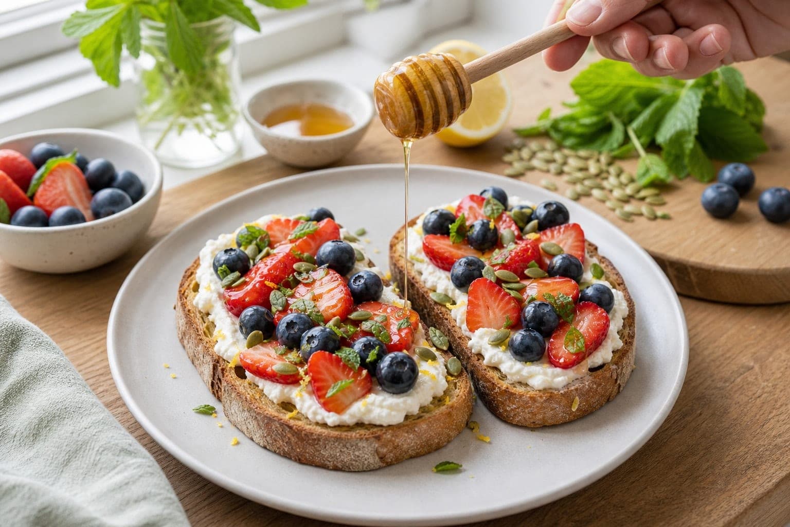 Lemon Ricotta Berry Breakfast Toasts with Pumpkin Seeds cooking step 5: Build the breakfast toasts.