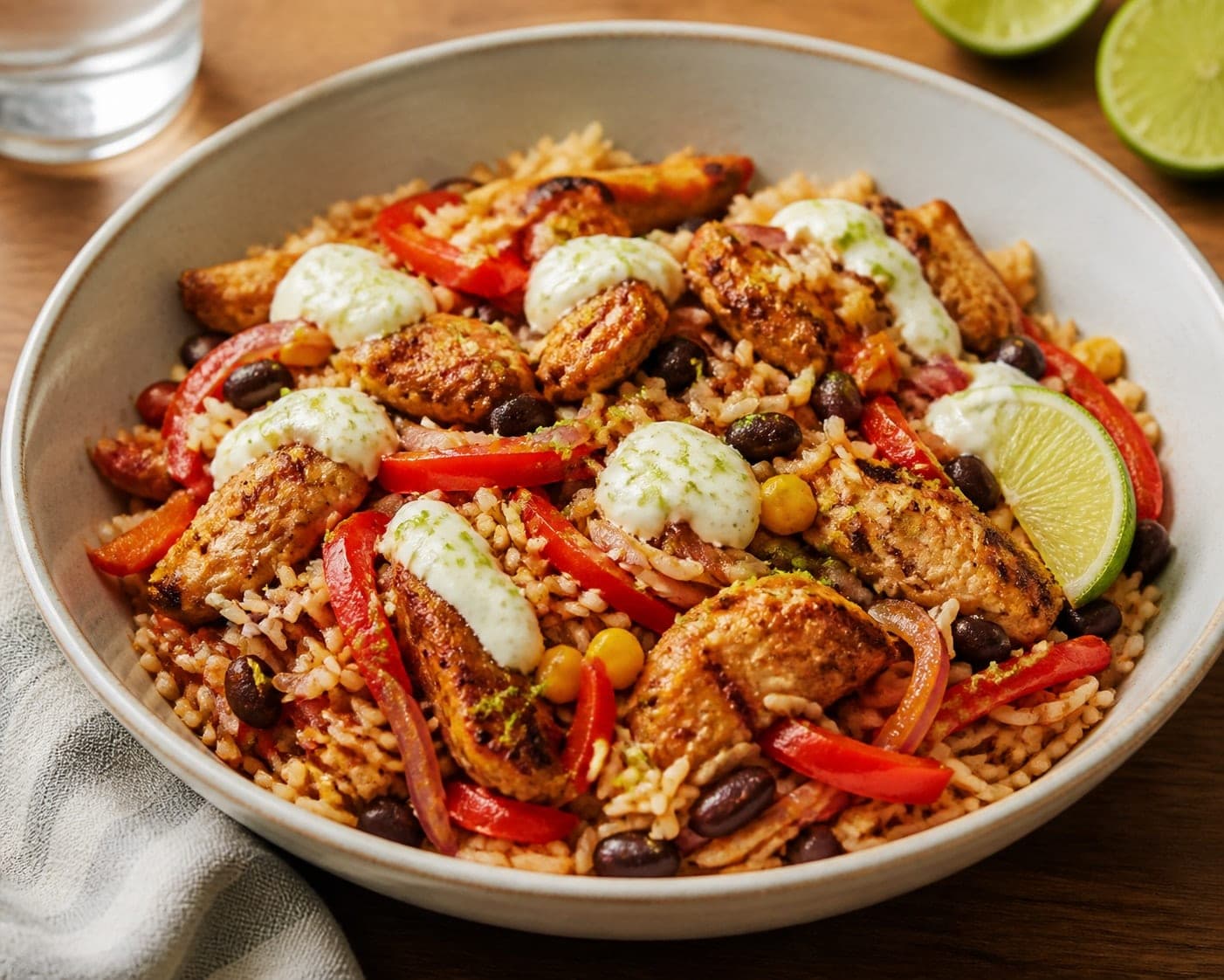 Chicken Pepper Fajita Rice with Lime and Yoghurt plated and ready to serve.