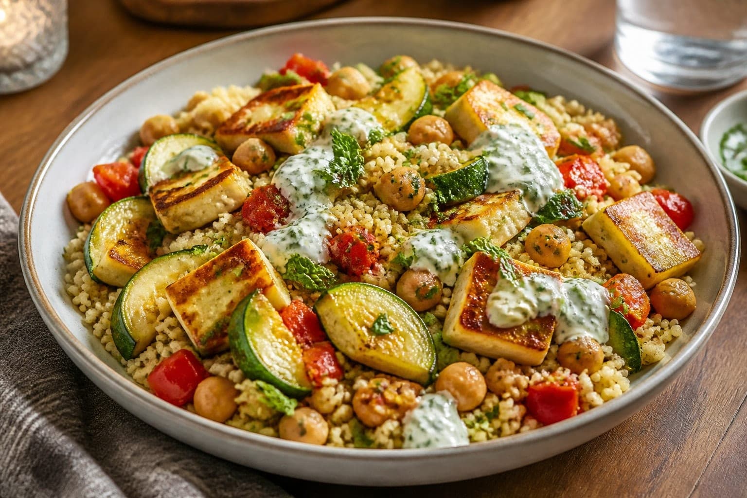 Halloumi Chickpea Couscous Tray with Lemon Mint plated and ready to serve.