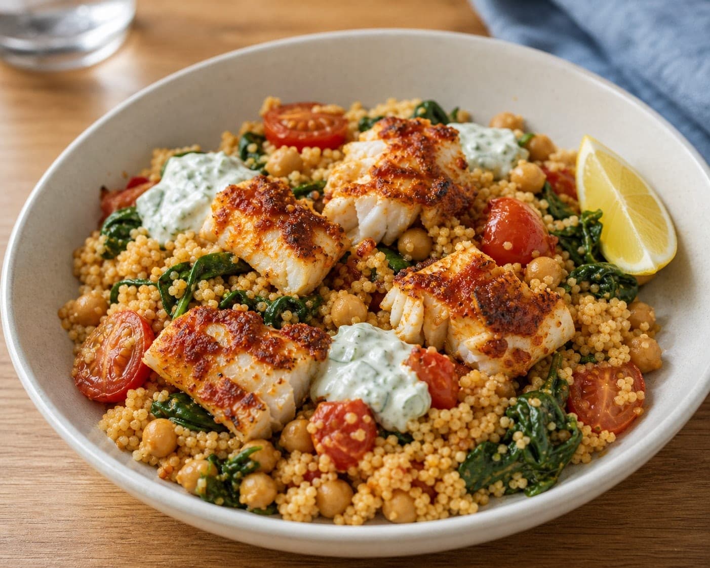Harissa Cod Chickpea Couscous with Cucumber Mint Yoghurt plated and ready to serve.