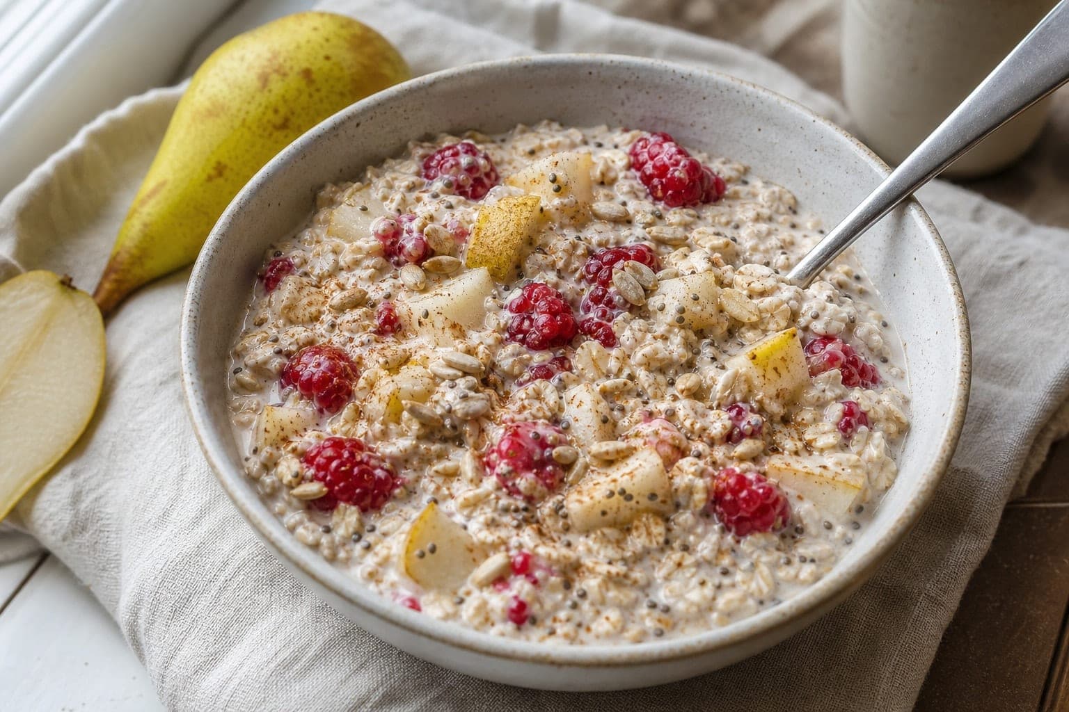 Pear Raspberry Bircher Pots with Cinnamon Seeds plated and ready to serve.