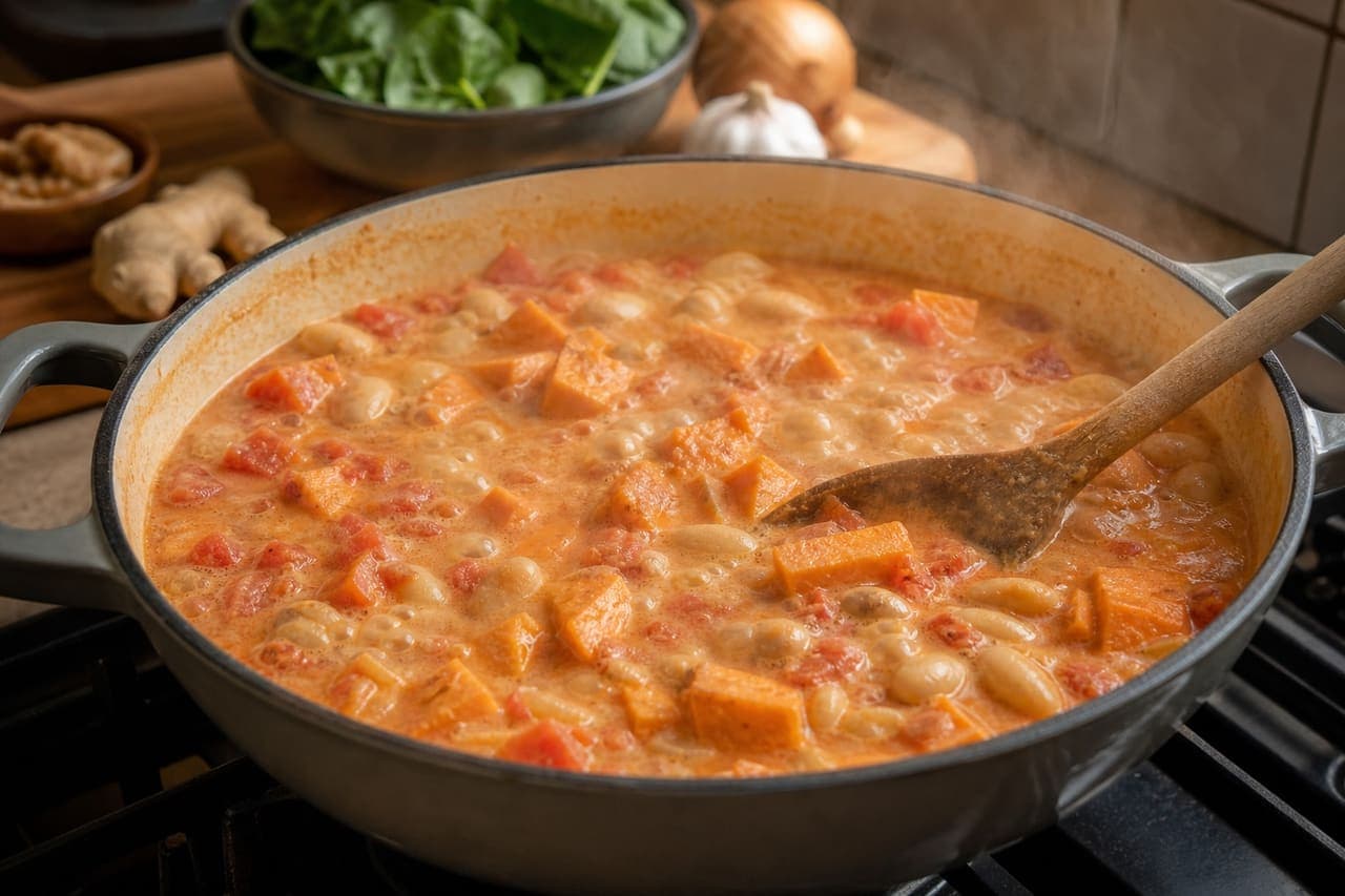 Creamy Peanut Sweet Potato Butter Bean Stew with Spinach cooking step 4: Simmer the sweet potato.