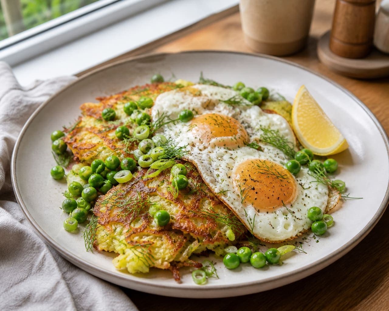 Crispy Potato Rösti Breakfast Stacks with Dill Peas and Eggs.