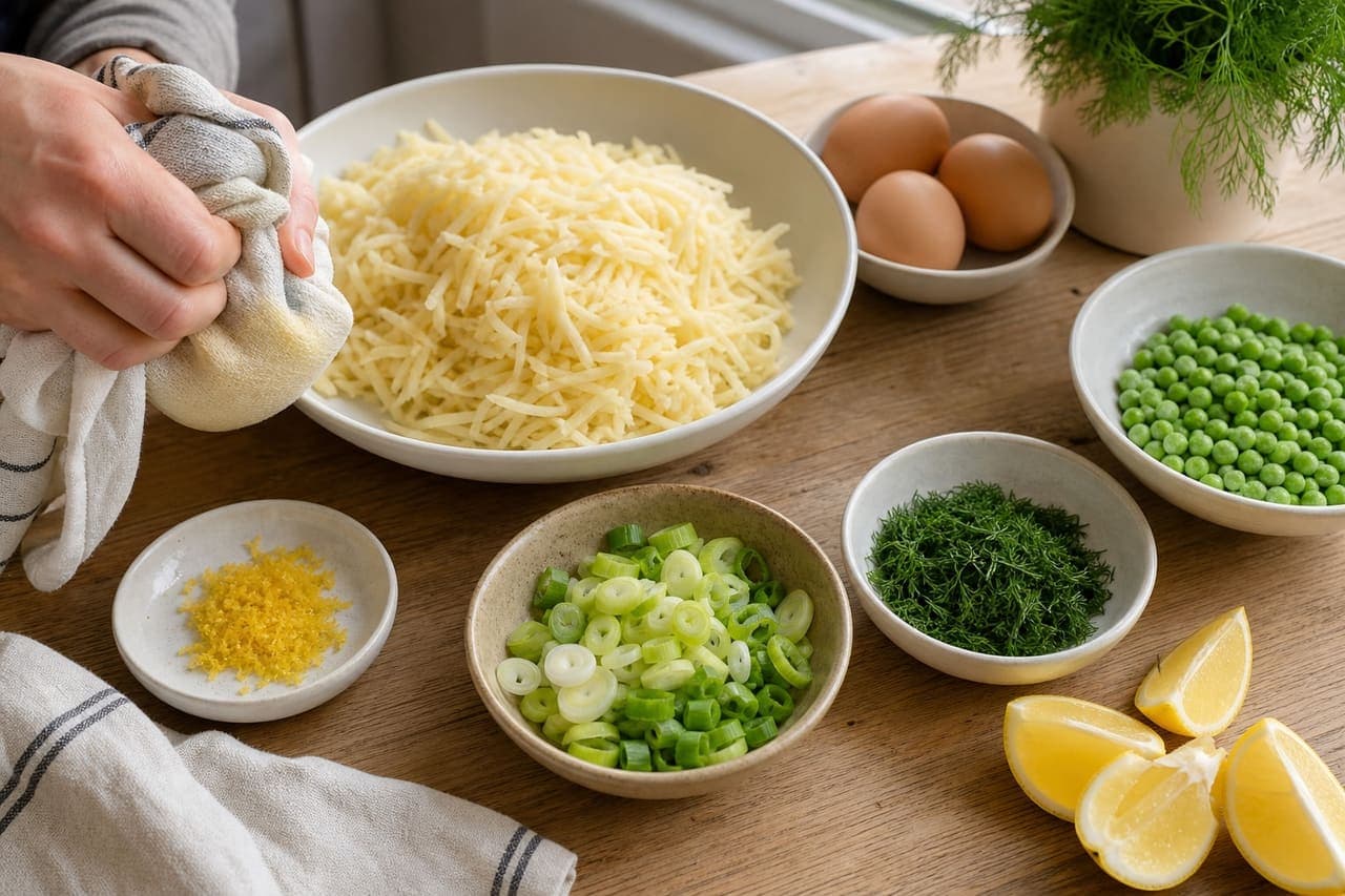 Crispy Potato Rösti Breakfast Stacks with Dill Peas and Eggs cooking step 1: Prepare the rösti.