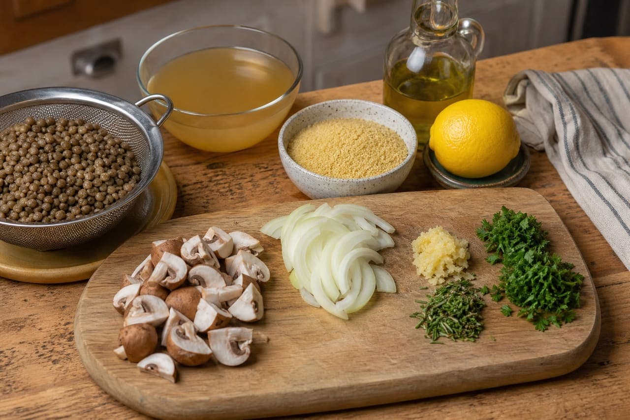 Garlicky Mushroom Lentil Couscous with Lemon Parsley cooking step 1: Prepare the ingredients.