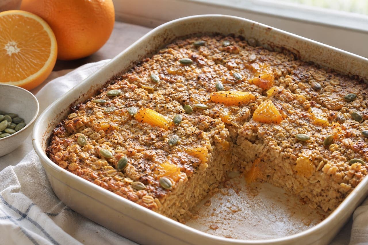 Golden Orange Cinnamon Baked Oats with Pumpkin Seeds.