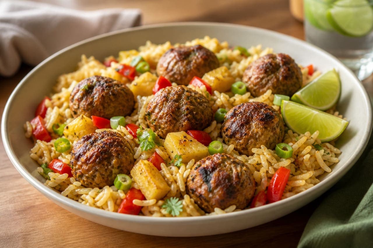 Jerk Turkey Meatballs with Pineapple Rice and Lime.