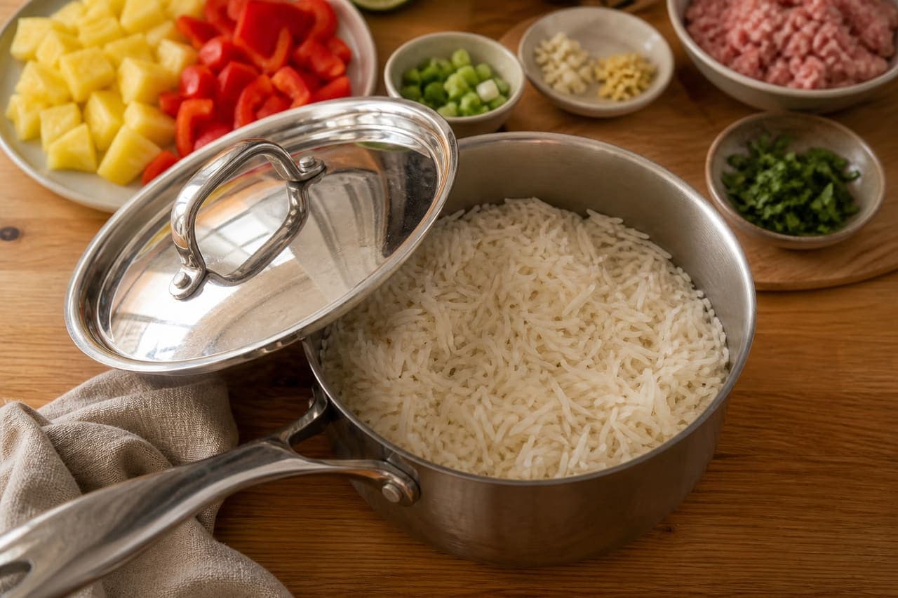 Jerk Turkey Meatballs with Pineapple Rice and Lime cooking step 2: Cook the rice.