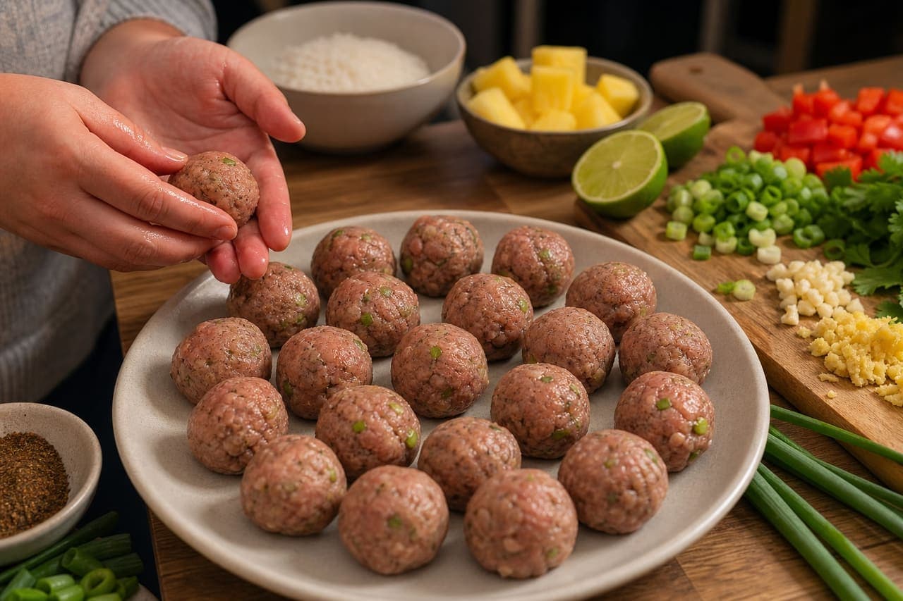 Jerk Turkey Meatballs with Pineapple Rice and Lime cooking step 3: Shape the meatballs.
