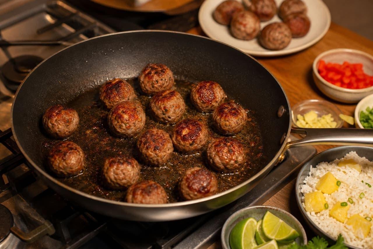 Jerk Turkey Meatballs with Pineapple Rice and Lime cooking step 4: Brown the meatballs.