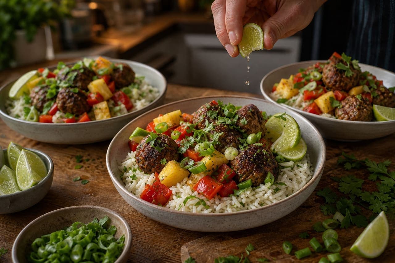 Jerk Turkey Meatballs with Pineapple Rice and Lime cooking step 6: Finish with lime.