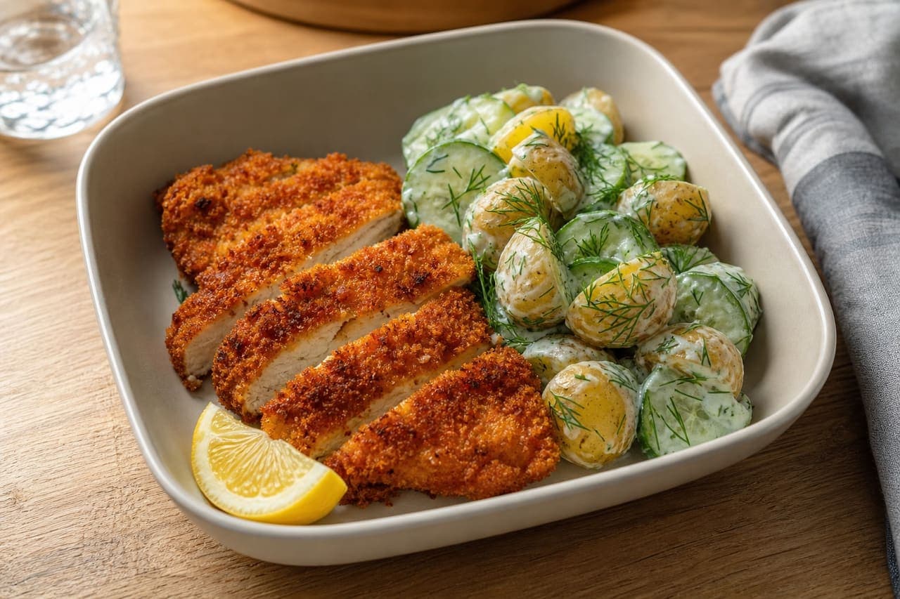 Paprika Chicken Schnitzel with Cucumber Dill Potato Salad.
