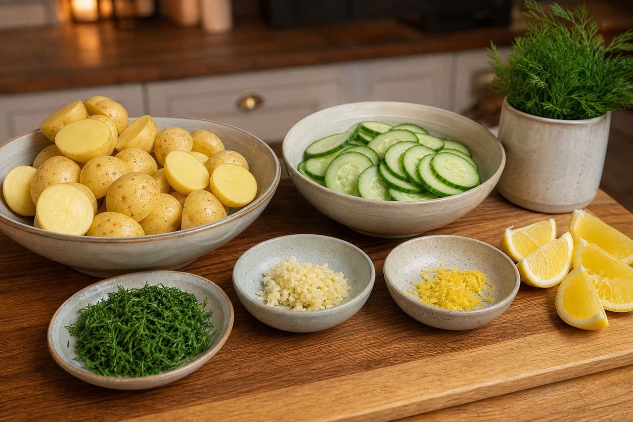 Paprika Pork Meatballs with Warm Dill Potato Salad cooking step 1: Prepare the salad.