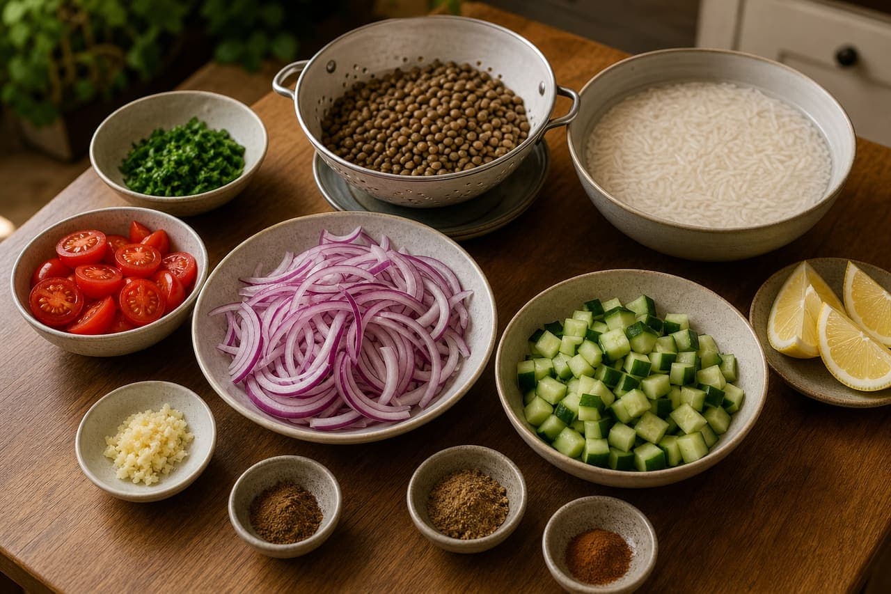 Spiced Lentil Caramelised Onion Rice with Tomato Cucumber Salad cooking step 1: Prepare the ingredients.