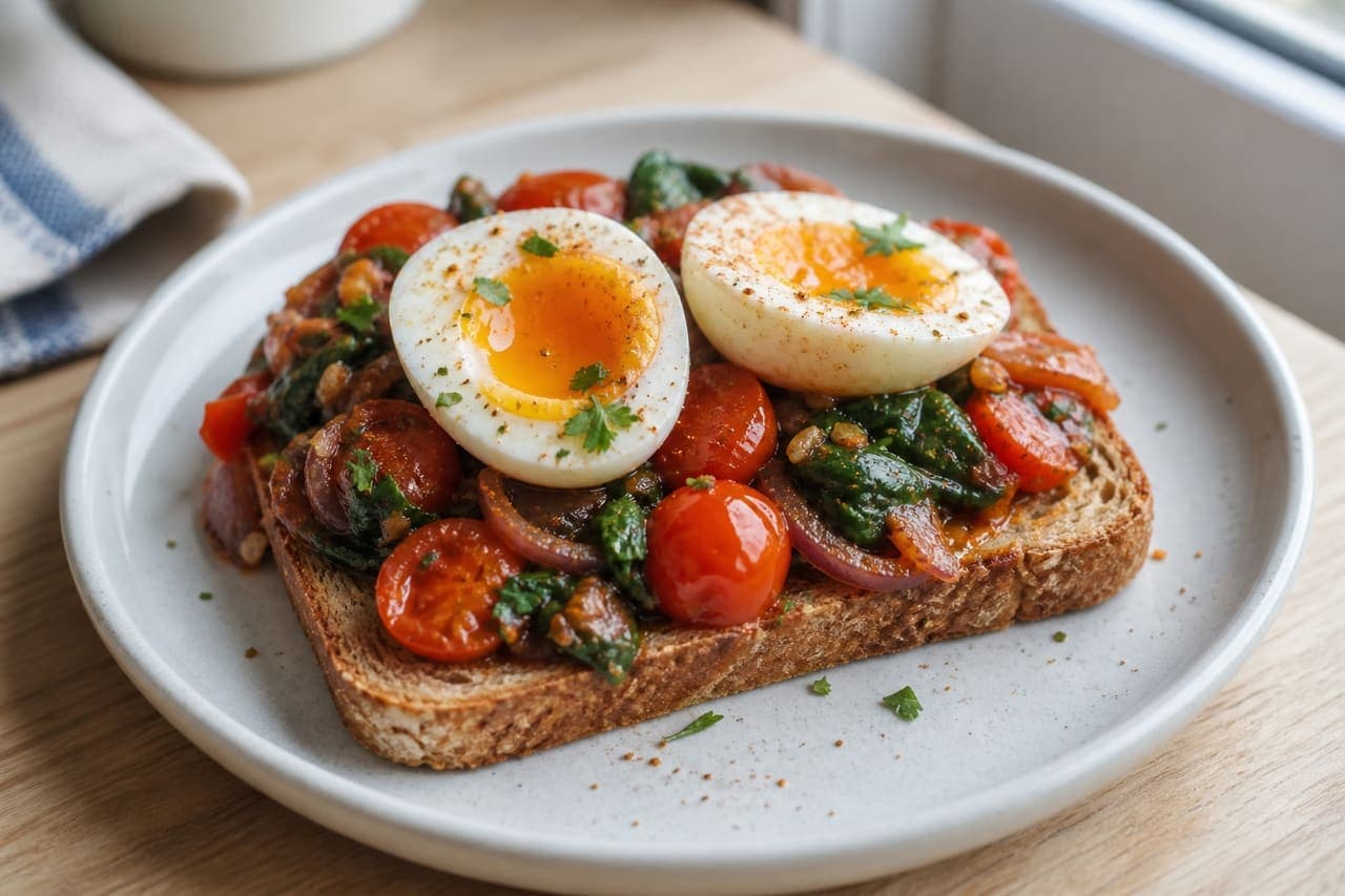 Spiced Tomato Spinach Breakfast Toasts with Jammy Eggs.