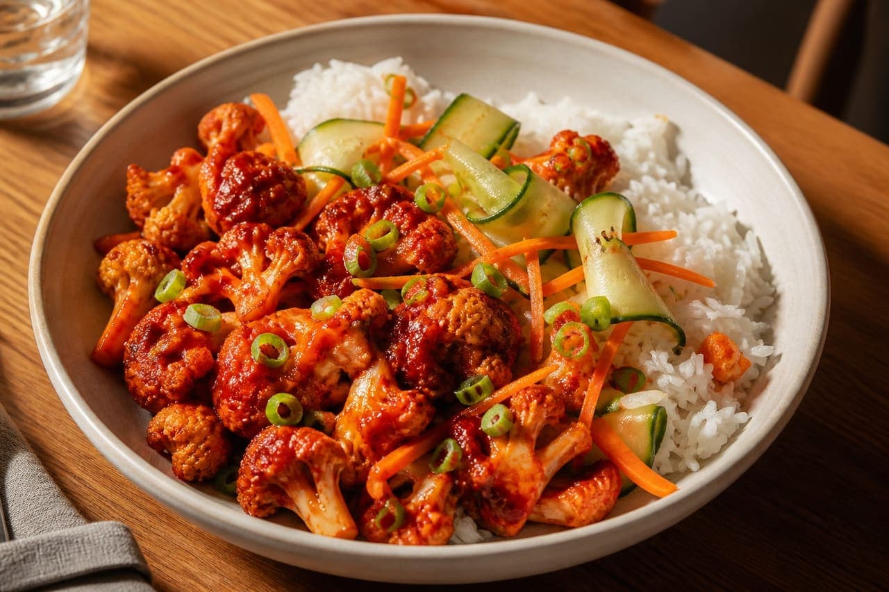 Sticky Harissa Cauliflower Rice Bowls with Quick Cucumber Pickle.