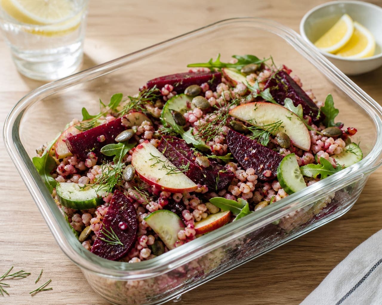 Warm Beetroot Bulgur Salad Boxes with Apple and Dill.