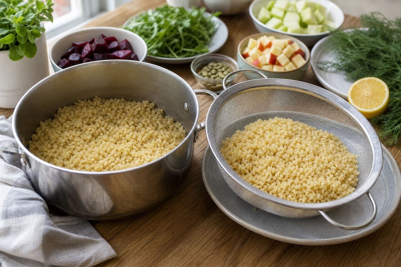 Warm Beetroot Bulgur Salad Boxes with Apple and Dill cooking step 1: Cook the bulgur.