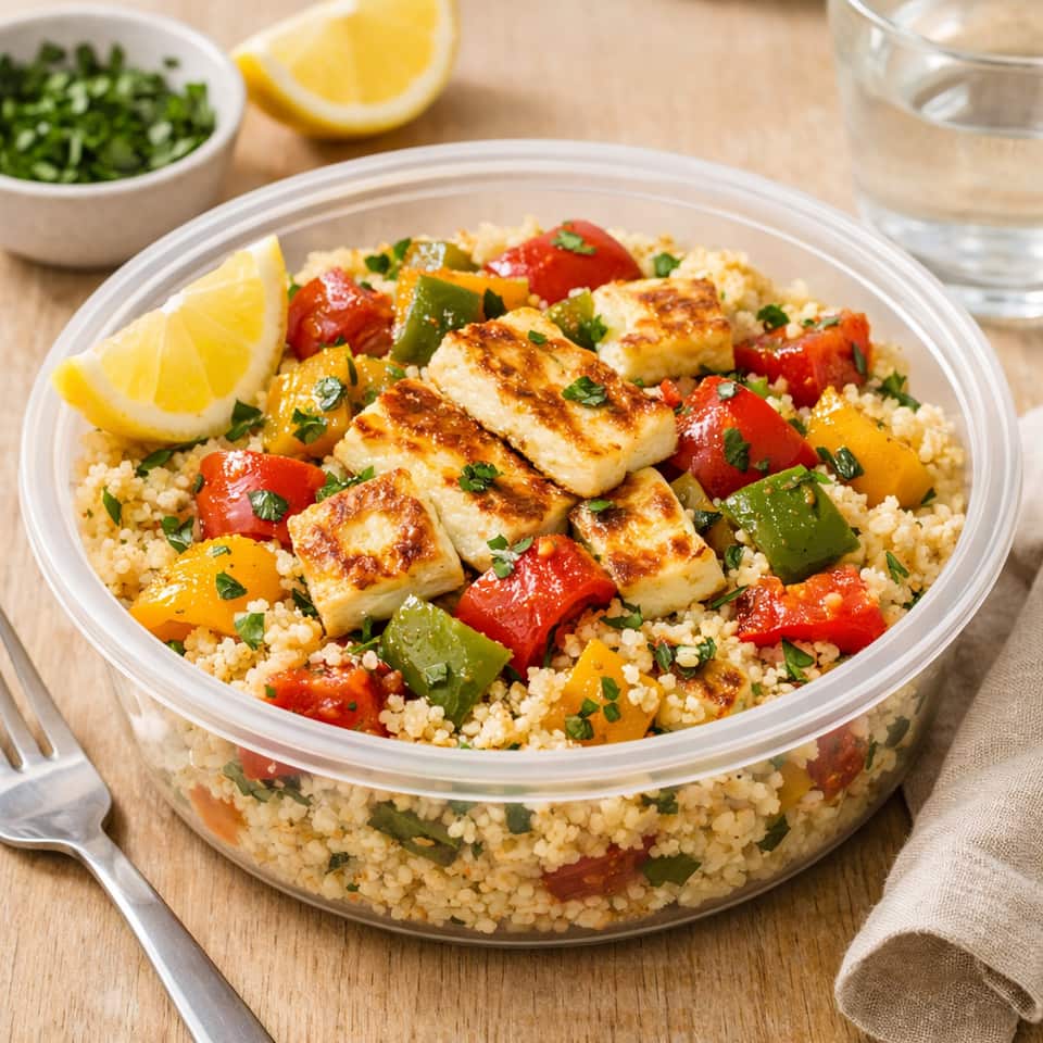 Halloumi Pepper Couscous Boxes plated and ready to serve.