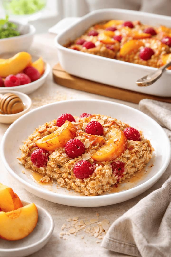 Raspberry Peach Baked Oats plated and ready to serve.