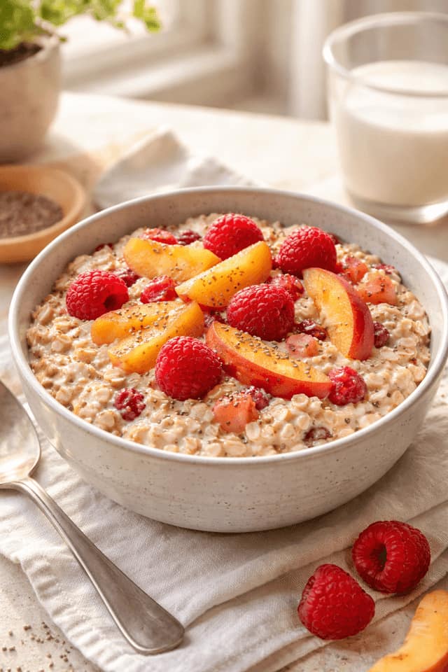Raspberry Peach Overnight Oats plated and ready to serve.