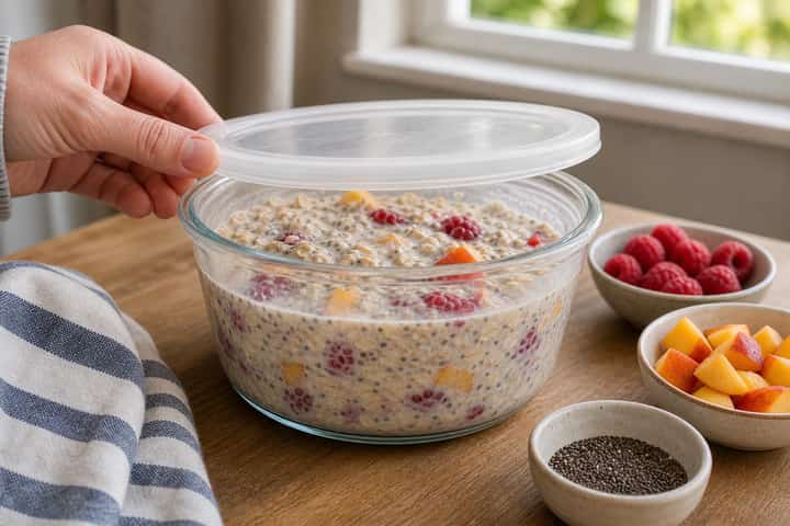 Raspberry Peach Overnight Oats cooking step 3: Build the flavour.